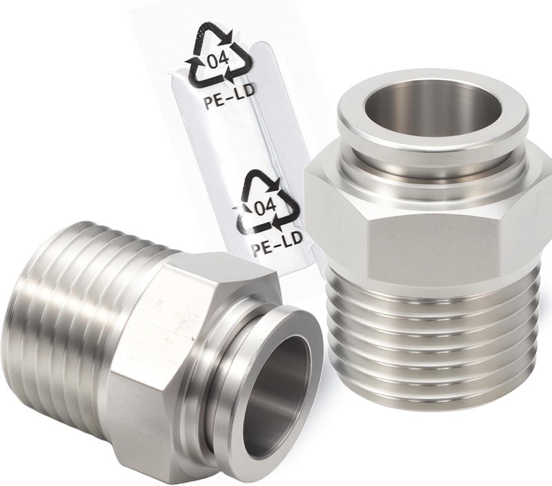MSAEIQUN Stainless Steel 1/2 Air hose fittings, Push to Connect Air fittings Male Straight 1/2 Inch Tube OD x 1/2 NPT Thread Fitting (Pack of 2) - Image 1